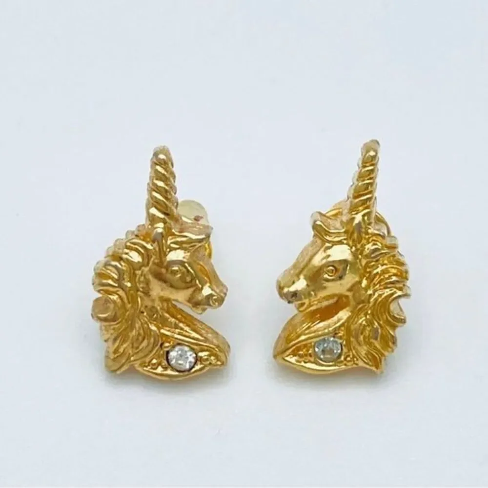 1985 AVON Unicorn Earrings - Gold Tone Unicorn Stud Earrings